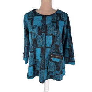 Ali Miles Blue Black Funky Art-to-Wear Flared Floating Pocket Tunic Top PM Scarf